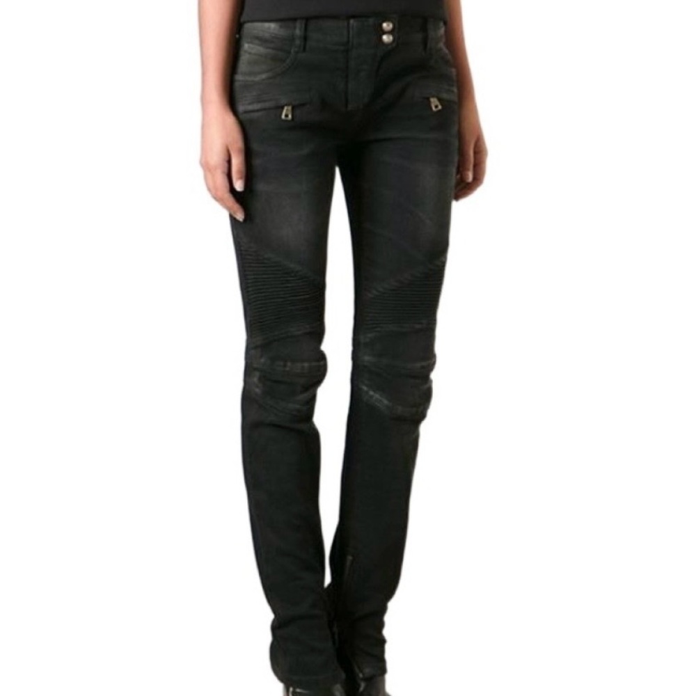 Balmain Black Moto-Style Skinny Jeans